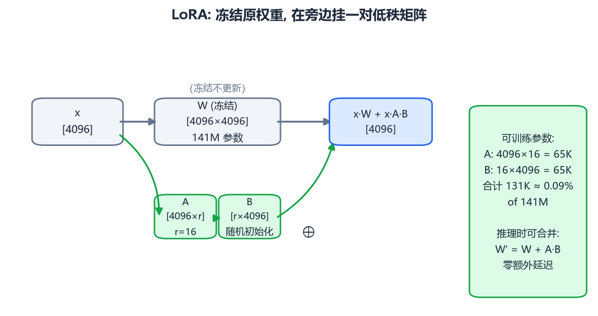 LoRA 结构：冻结 W，旁路挂 A、B